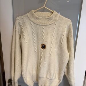 Men’s Burberry Cream Cable Turtleneck Merino Wool Sweater with Crest Patch